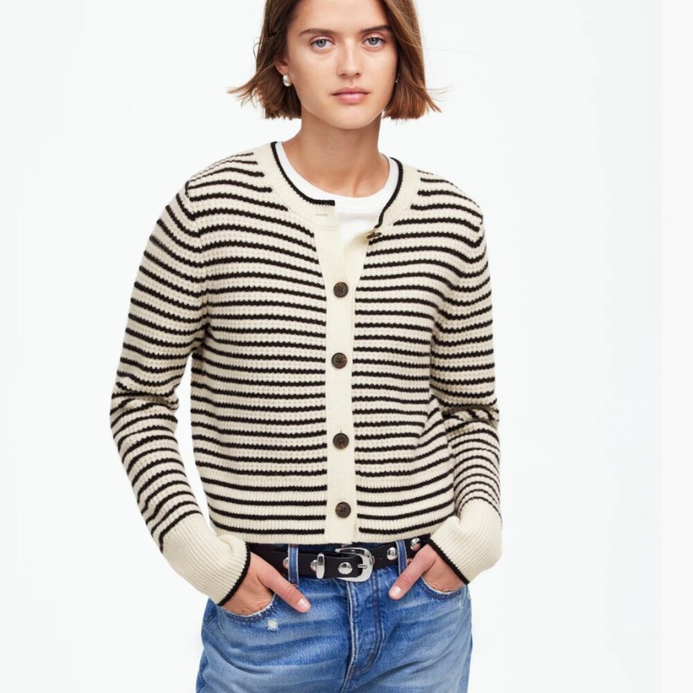 Madewell NT619 Black and WT Waffle-Knit Wool Cardigan in Stripe NWT/repair small